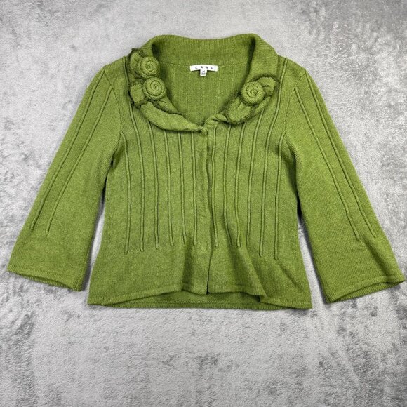 Vintage Y2K CAbi Green Knit Cardigan Cottagecore Rosette Collar Coquette Sweater - Picture 6 of 11
